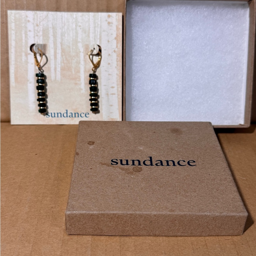 Sundance Green Beaded Drop Earrings - Gold Hoops - Picture 2 of 6